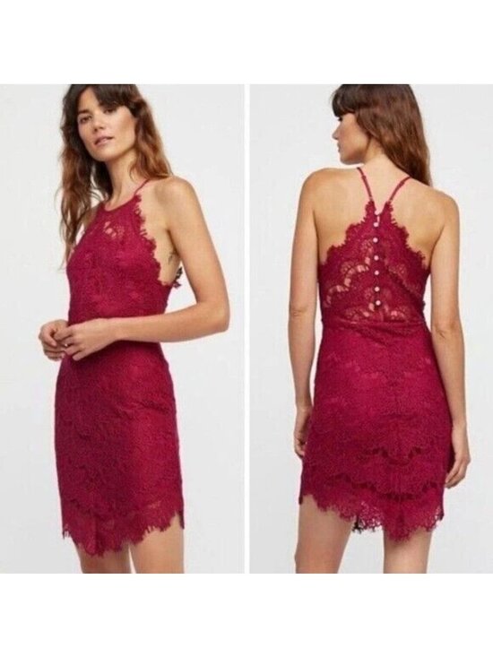 Free People Dresses & Skirts - Free People Shes Got It Mini Dress Lace Halter Homecoming Cocktail Dark Romantic